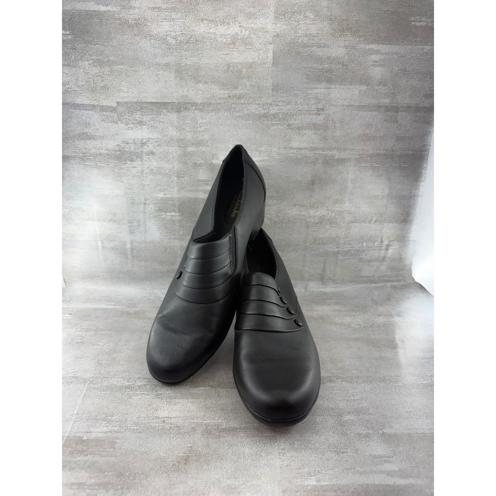 Clarks Bendables Black Leather Pleated Button Shooties Block Heel Women Sz 10M